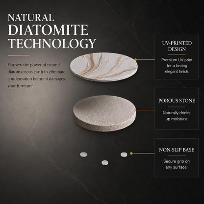 Absorbent Stone Coasters Set of 6 with Holder – Diatomite Drink Coasters for Cups & Table Protection, Modern Coffee Table, Office Desk & Bar Decor, Outdoor Patio Use, Gift-Ready