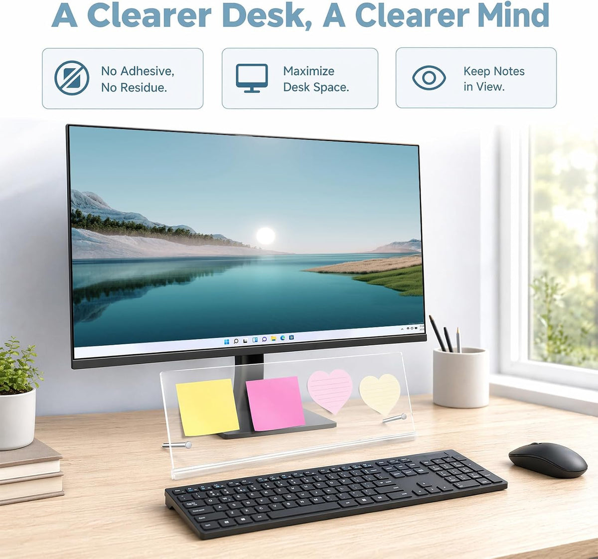 [ ] Monitor Memo Board 14 x 5 in, Monitor Sticky Note Holder for Computer Screen, No-Adhesive Under Monitor Note Organizer, Clear Acrylic for Office Desk