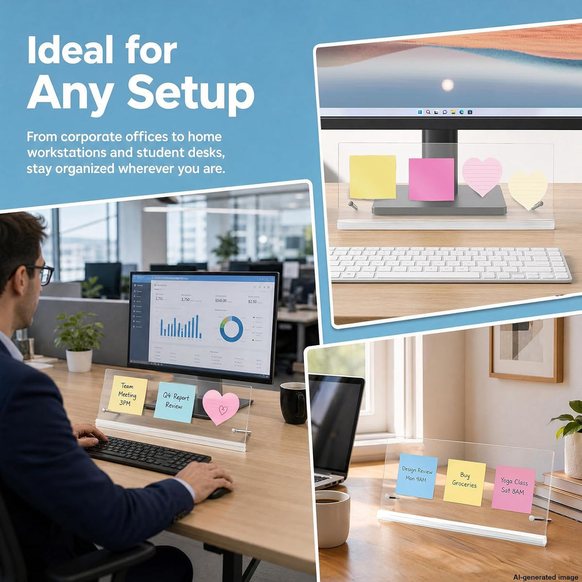 [ ] Monitor Memo Board 14 x 5 in, Monitor Sticky Note Holder for Computer Screen, No-Adhesive Under Monitor Note Organizer, Clear Acrylic for Office Desk