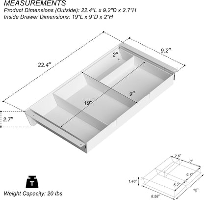 Under Desk Mounted Sliding Drawer with 60 Degree Tilt Panel to Pull Out, 15'' Long & 9'' deep Large Storage Organizer for Sit Stand Workstation