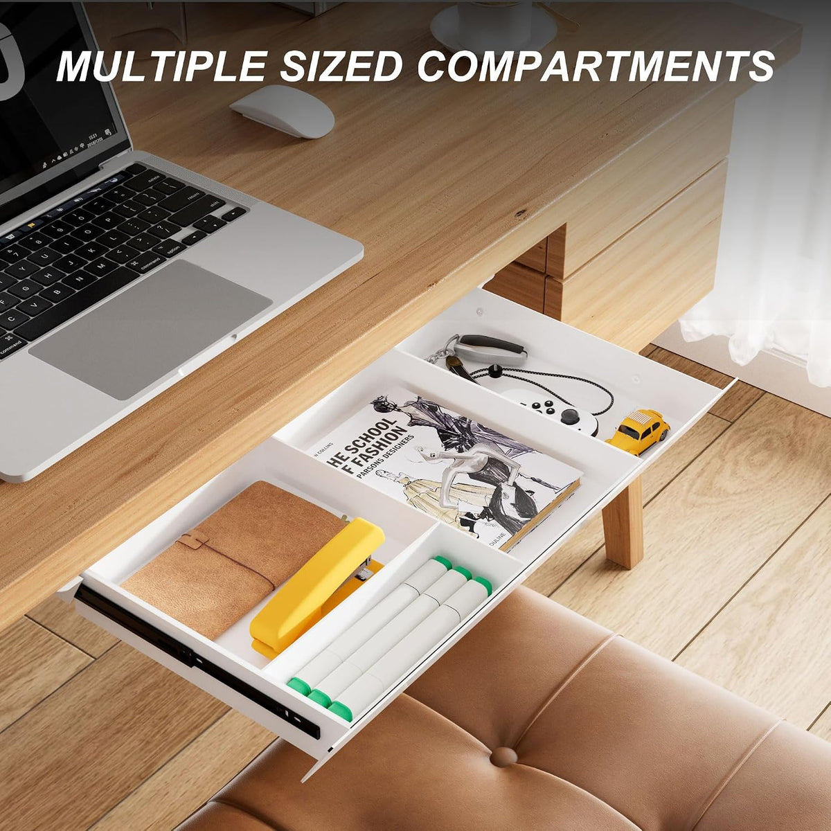 Under Desk Mounted Sliding Drawer with 60 Degree Tilt Panel to Pull Out, 15'' Long & 9'' deep Large Storage Organizer for Sit Stand Workstation