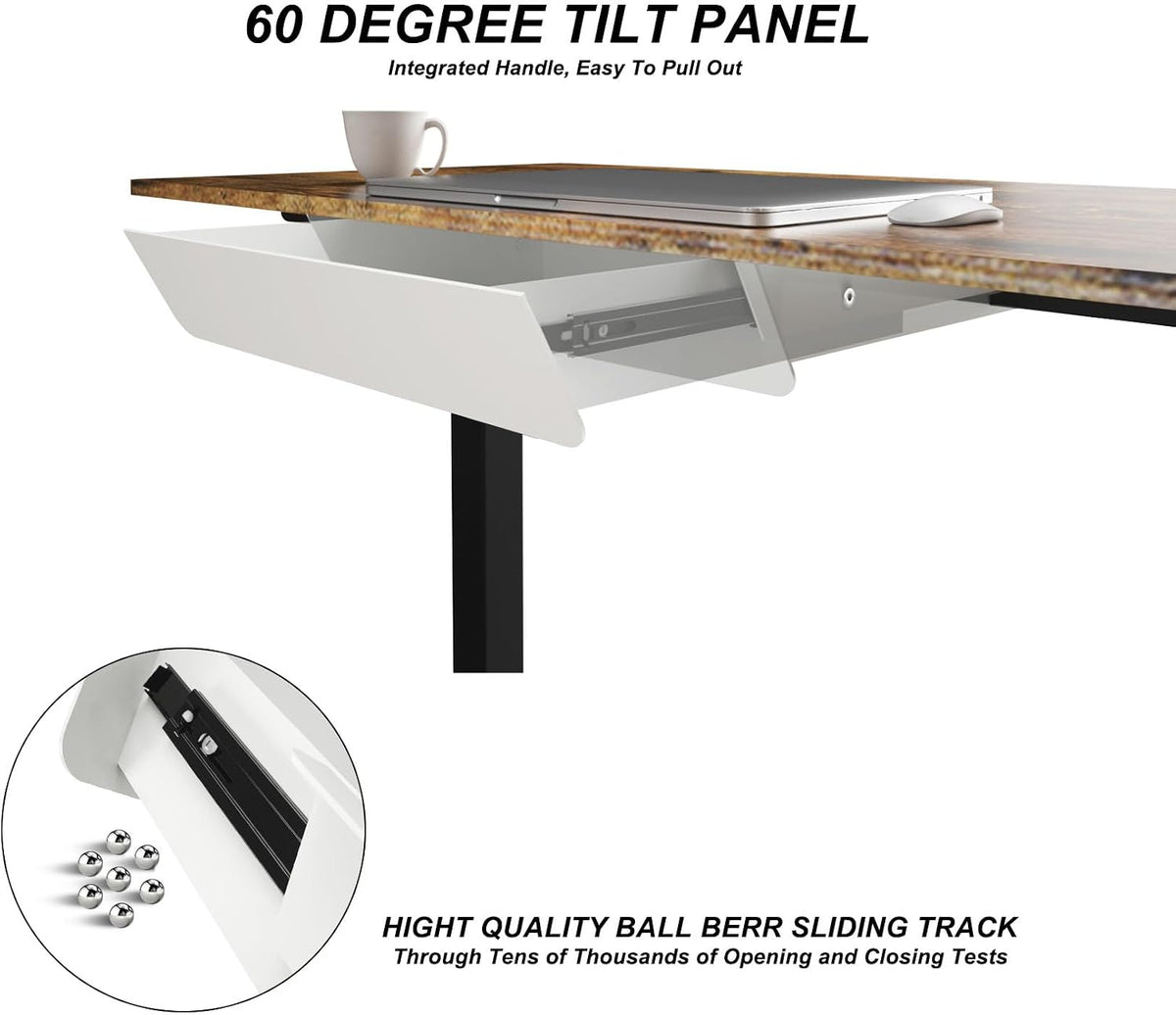 Under Desk Mounted Sliding Drawer with 60 Degree Tilt Panel to Pull Out, 15'' Long & 9'' deep Large Storage Organizer for Sit Stand Workstation