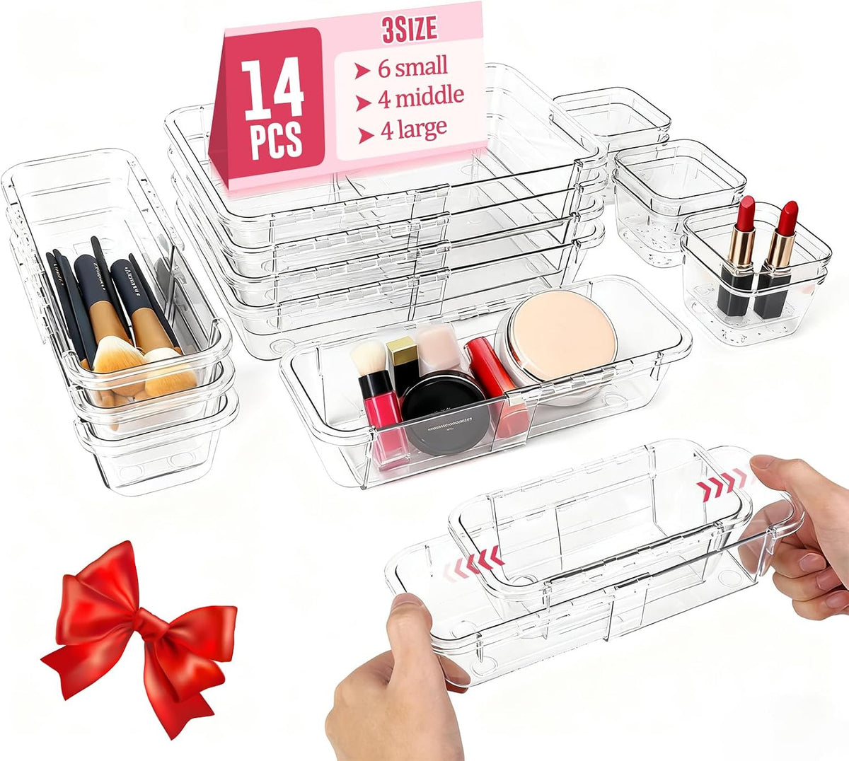 14Pcs Expandable Clear Drawer Organizers, Desk Drawer Organizer Set, Acrylic Organizer Bins for Kitchen, Bathroom, Office, Makeup, 3-Size acrylic organizers & Vanity Organizer Trays