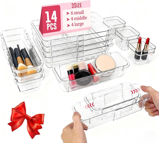 14Pcs Expandable Clear Drawer Organizers, Desk Drawer Organizer Set, Acrylic Organizer Bins for Kitchen, Bathroom, Office, Makeup, 3-Size acrylic organizers & Vanity Organizer Trays