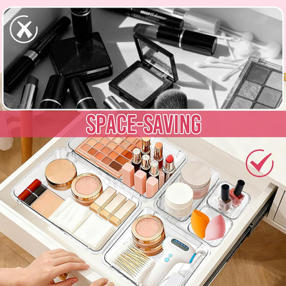 14Pcs Expandable Clear Drawer Organizers, Desk Drawer Organizer Set, Acrylic Organizer Bins for Kitchen, Bathroom, Office, Makeup, 3-Size acrylic organizers & Vanity Organizer Trays