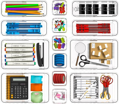 14Pcs Expandable Clear Drawer Organizers, Desk Drawer Organizer Set, Acrylic Organizer Bins for Kitchen, Bathroom, Office, Makeup, 3-Size acrylic organizers & Vanity Organizer Trays