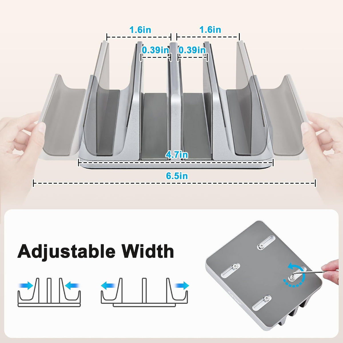 4-in-1 Adjustable Vertical Laptop Stand, Aluminum Holder, Silver