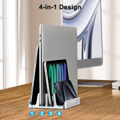 4-in-1 Adjustable Vertical Laptop Stand, Aluminum Holder, Silver