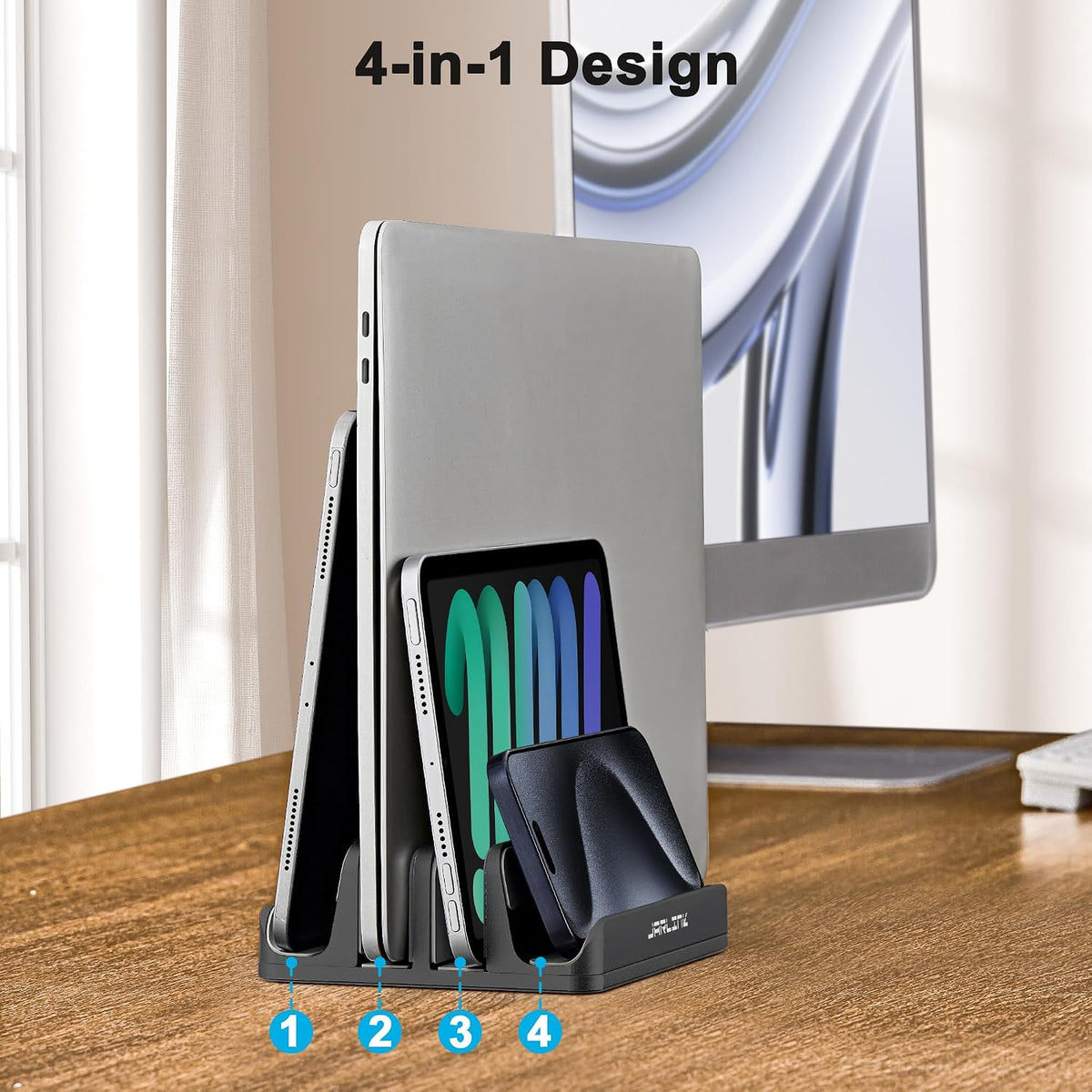 4-in-1 Adjustable Vertical Laptop Stand, Aluminum Holder, Silver