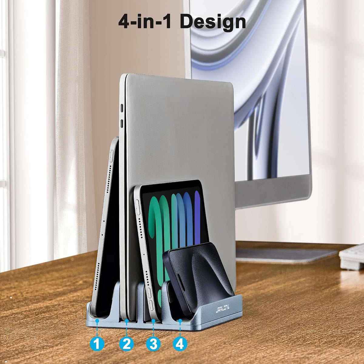 4-in-1 Adjustable Vertical Laptop Stand, Aluminum Holder, Silver