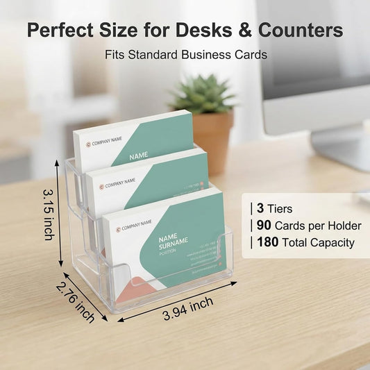 2 Pieces Business Card Holder for Desk 3 Tier Clear Acrylic Stand