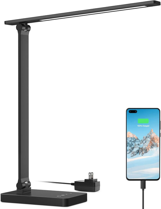 Desk Lamp with USB Charging Port for Home Office, 650LM 9.5W, Black