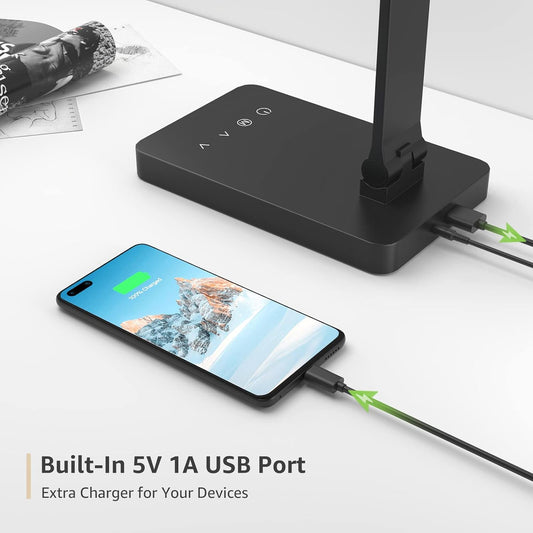 Desk Lamp with USB Charging Port for Home Office, 650LM 9.5W, Black