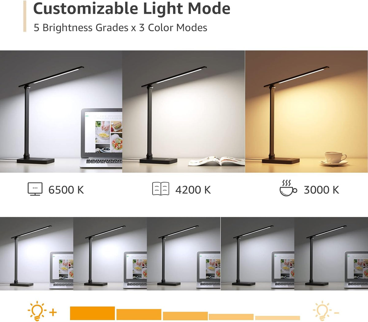 Desk Lamp with USB Charging Port for Home Office, 650LM 9.5W, Black
