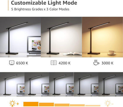 Desk Lamp with USB Charging Port for Home Office, 650LM 9.5W, Black