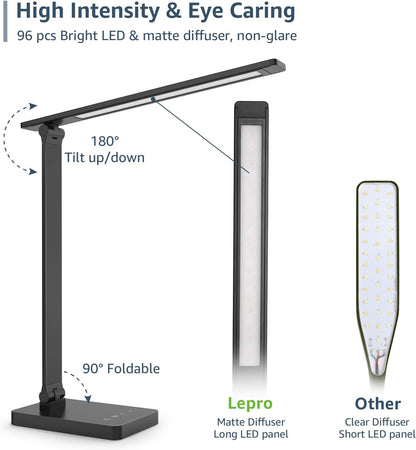 Desk Lamp with USB Charging Port for Home Office, 650LM 9.5W, Black