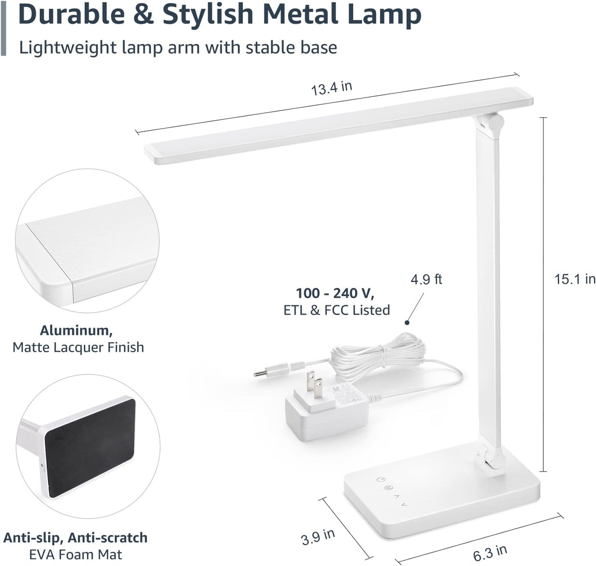 Desk Lamp with USB Charging Port for Home Office, 650LM 9.5W, Black