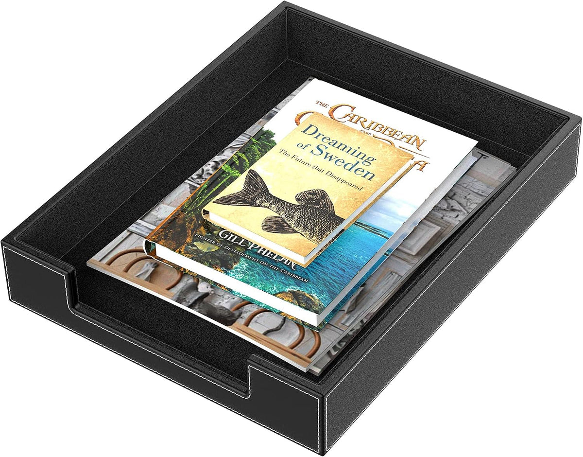 Leather Letter Tray, Elegant Desk Organizer for Office Supplies, Mail, Paper, File, Magazine, Perfect Office Organization for Desktop(Black)