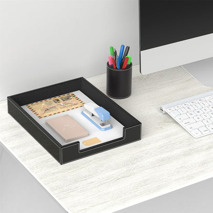Leather Letter Tray, Elegant Desk Organizer for Office Supplies, Mail, Paper, File, Magazine, Perfect Office Organization for Desktop(Black)