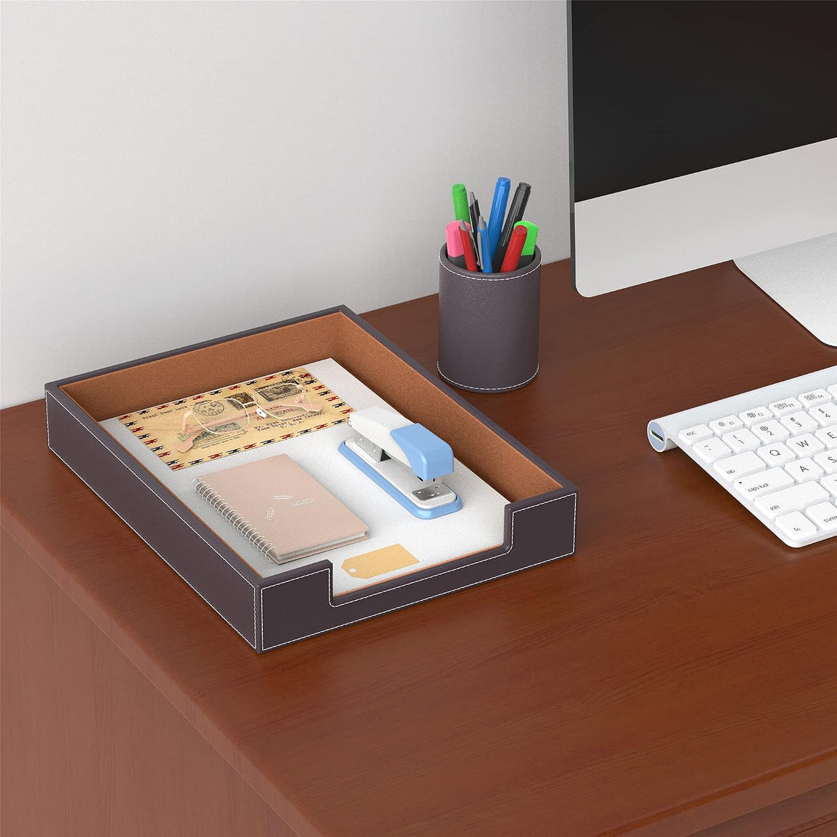 Leather Letter Tray, Elegant Desk Organizer for Office Supplies, Mail, Paper, File, Magazine, Perfect Office Organization for Desktop(Black)