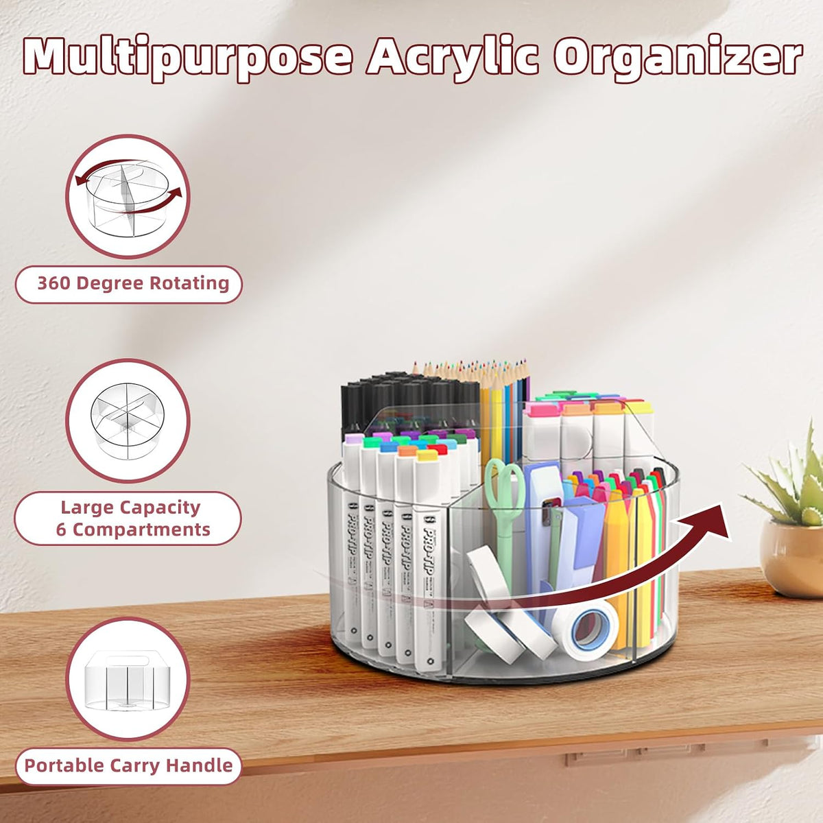 250pcs Acrylic Pencil Holder Marker Organizer, Back to School 360-Degree Rotating Pen Holder, Crayon Organizers for Kids Pencil Organizer Caddy Art Supply Lazy Susan Organizer for Desk Office
