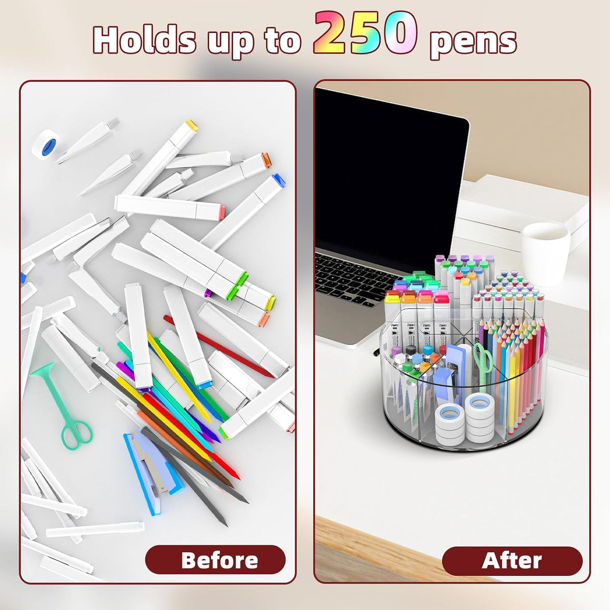 250pcs Acrylic Pencil Holder Marker Organizer, Back to School 360-Degree Rotating Pen Holder, Crayon Organizers for Kids Pencil Organizer Caddy Art Supply Lazy Susan Organizer for Desk Office