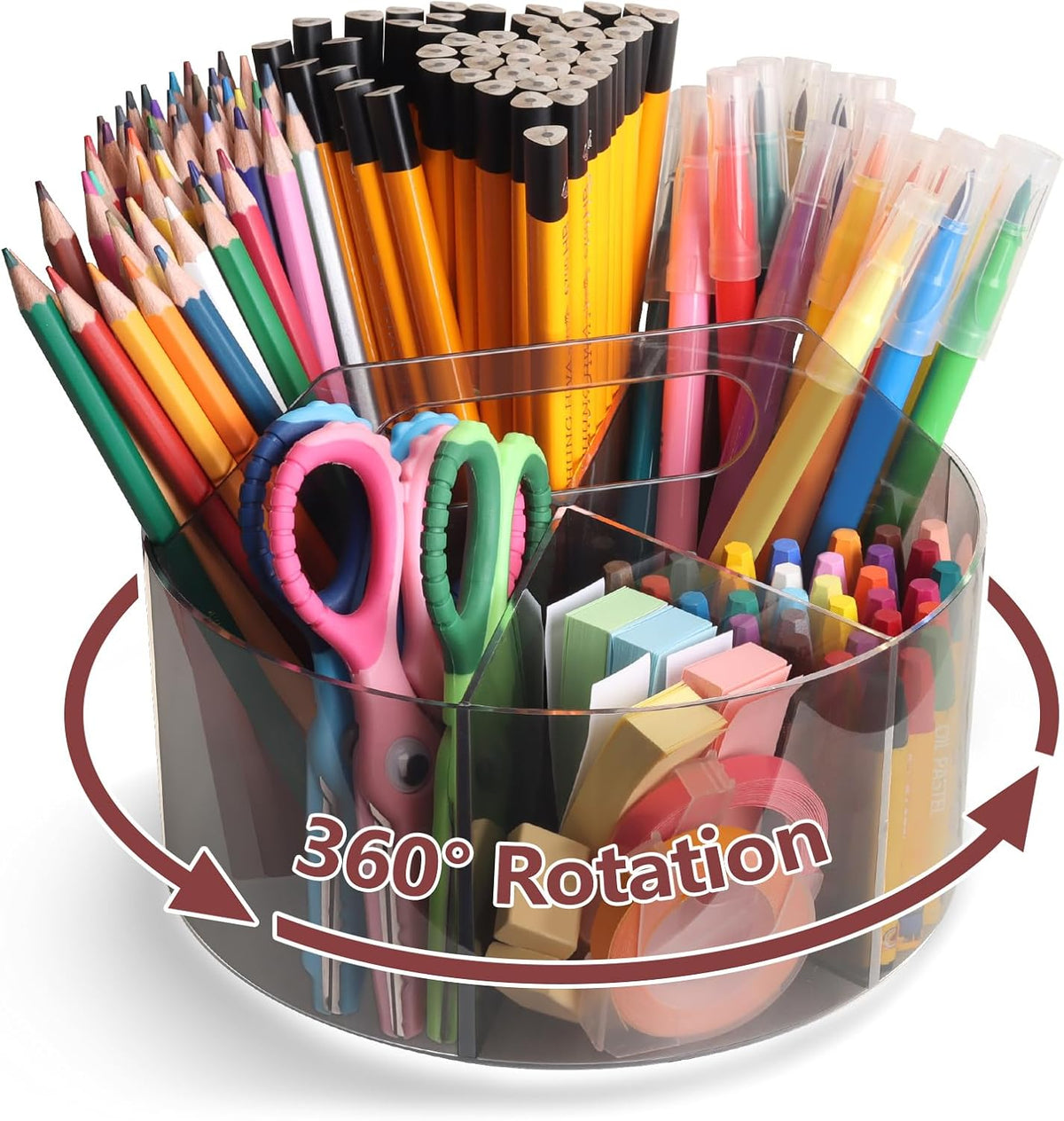 250pcs Acrylic Pencil Holder Marker Organizer, Back to School 360-Degree Rotating Pen Holder, Crayon Organizers for Kids Pencil Organizer Caddy Art Supply Lazy Susan Organizer for Desk Office