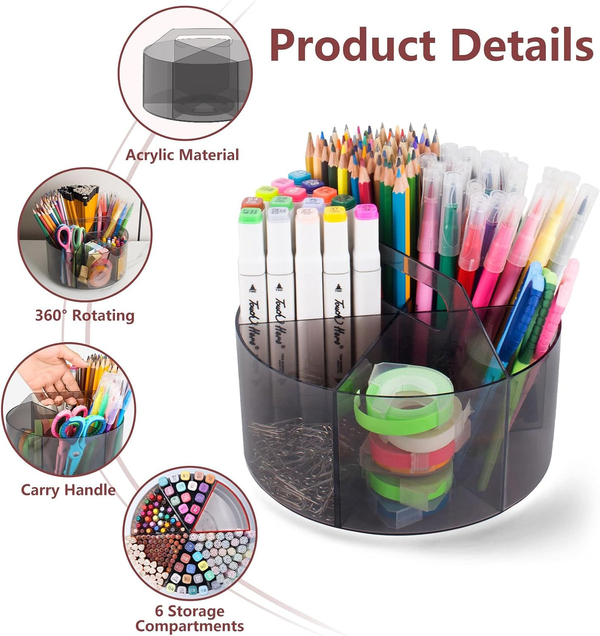 250pcs Acrylic Pencil Holder Marker Organizer, Back to School 360-Degree Rotating Pen Holder, Crayon Organizers for Kids Pencil Organizer Caddy Art Supply Lazy Susan Organizer for Desk Office