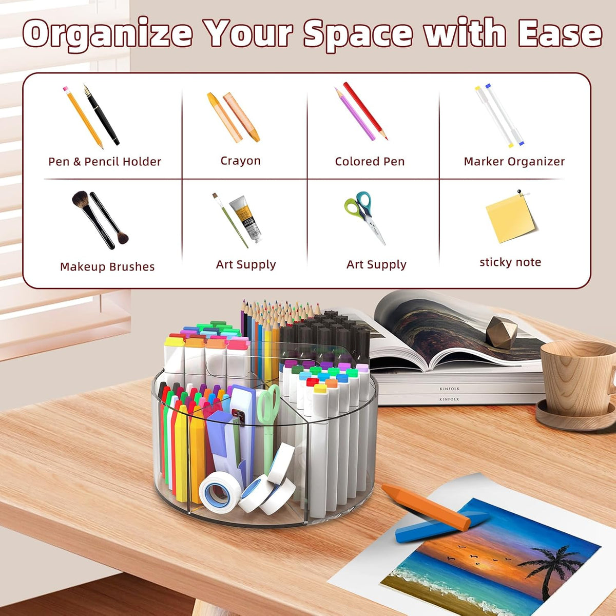 250pcs Acrylic Pencil Holder Marker Organizer, Back to School 360-Degree Rotating Pen Holder, Crayon Organizers for Kids Pencil Organizer Caddy Art Supply Lazy Susan Organizer for Desk Office