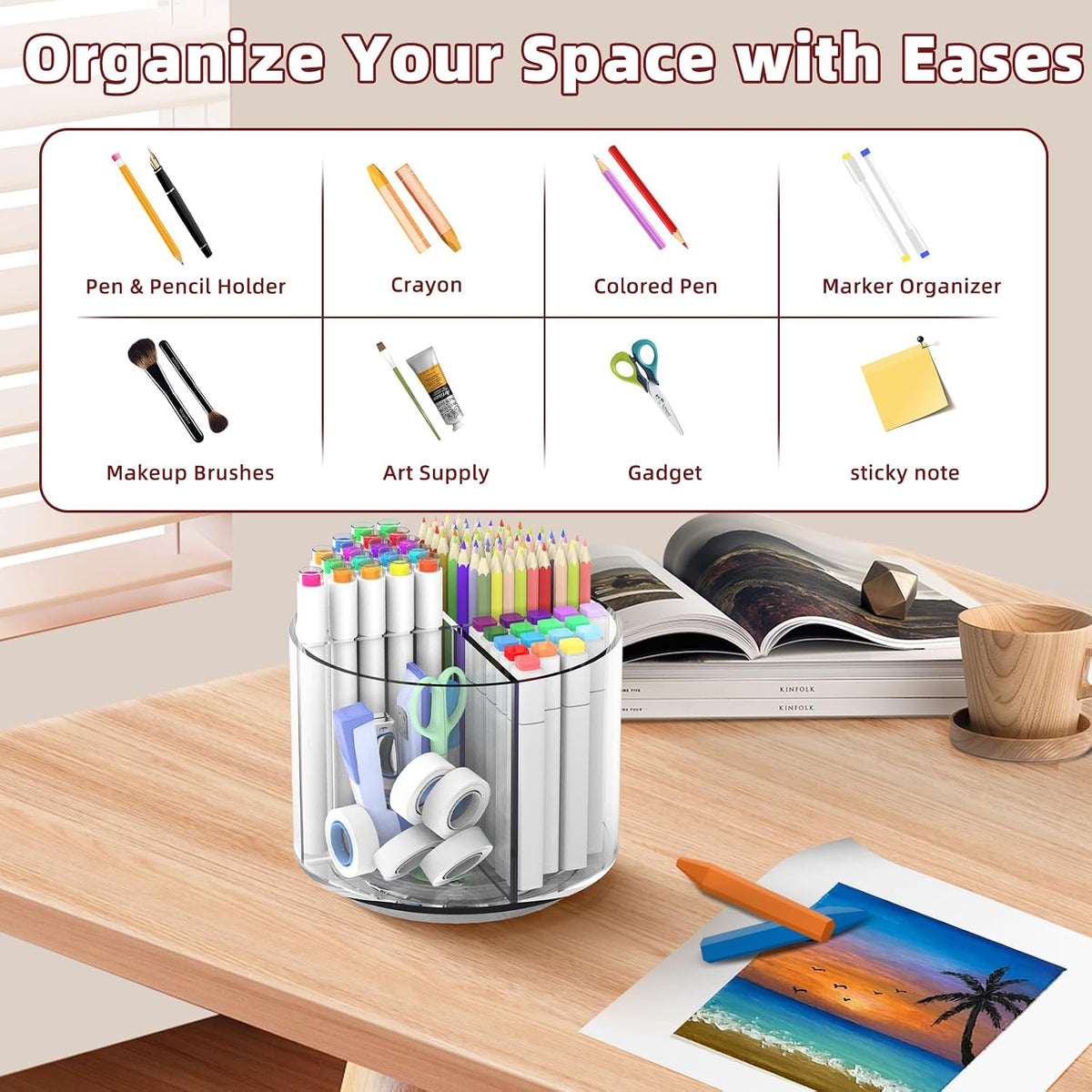250pcs Acrylic Pencil Holder Marker Organizer, Back to School 360-Degree Rotating Pen Holder, Crayon Organizers for Kids Pencil Organizer Caddy Art Supply Lazy Susan Organizer for Desk Office