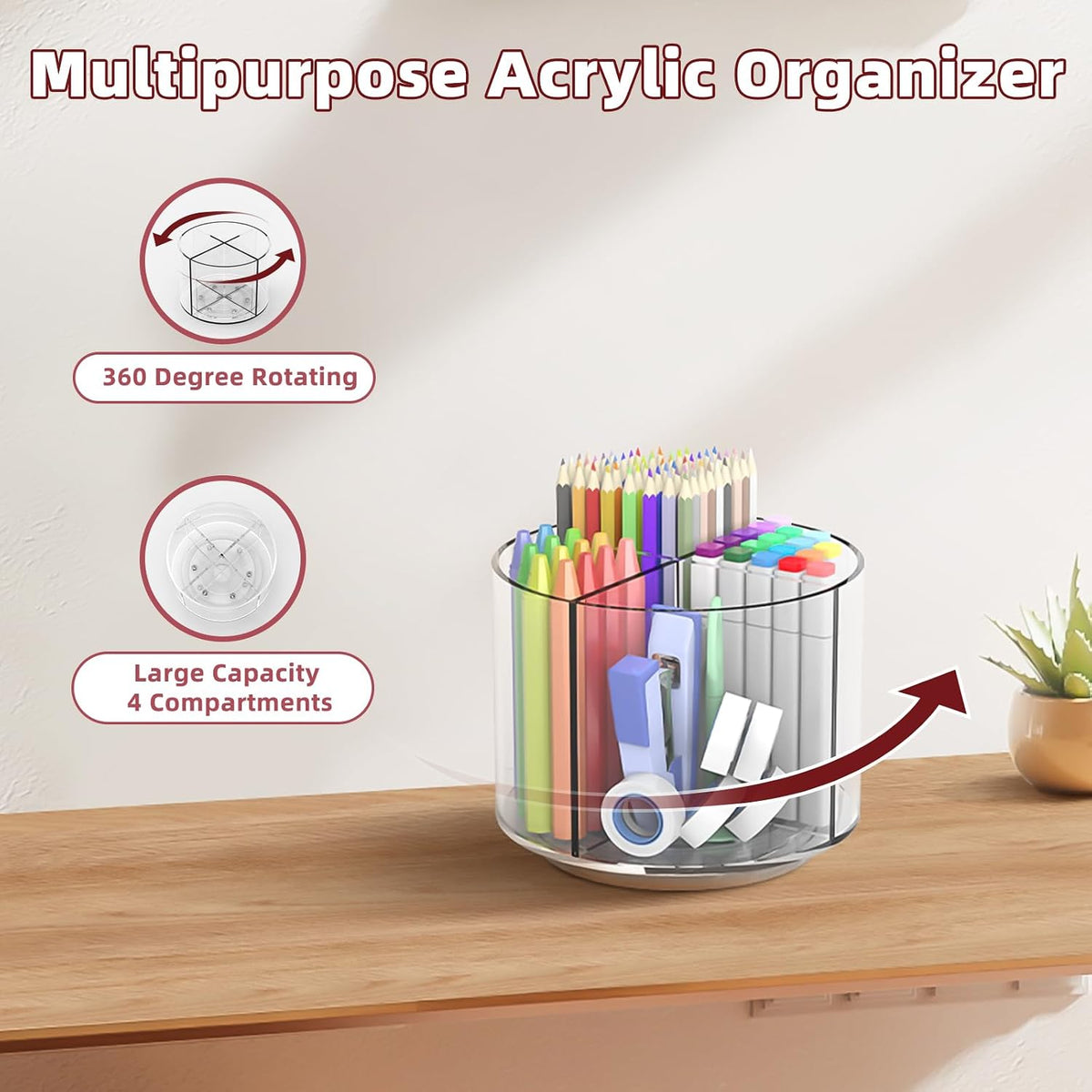 250pcs Acrylic Pencil Holder Marker Organizer, Back to School 360-Degree Rotating Pen Holder, Crayon Organizers for Kids Pencil Organizer Caddy Art Supply Lazy Susan Organizer for Desk Office