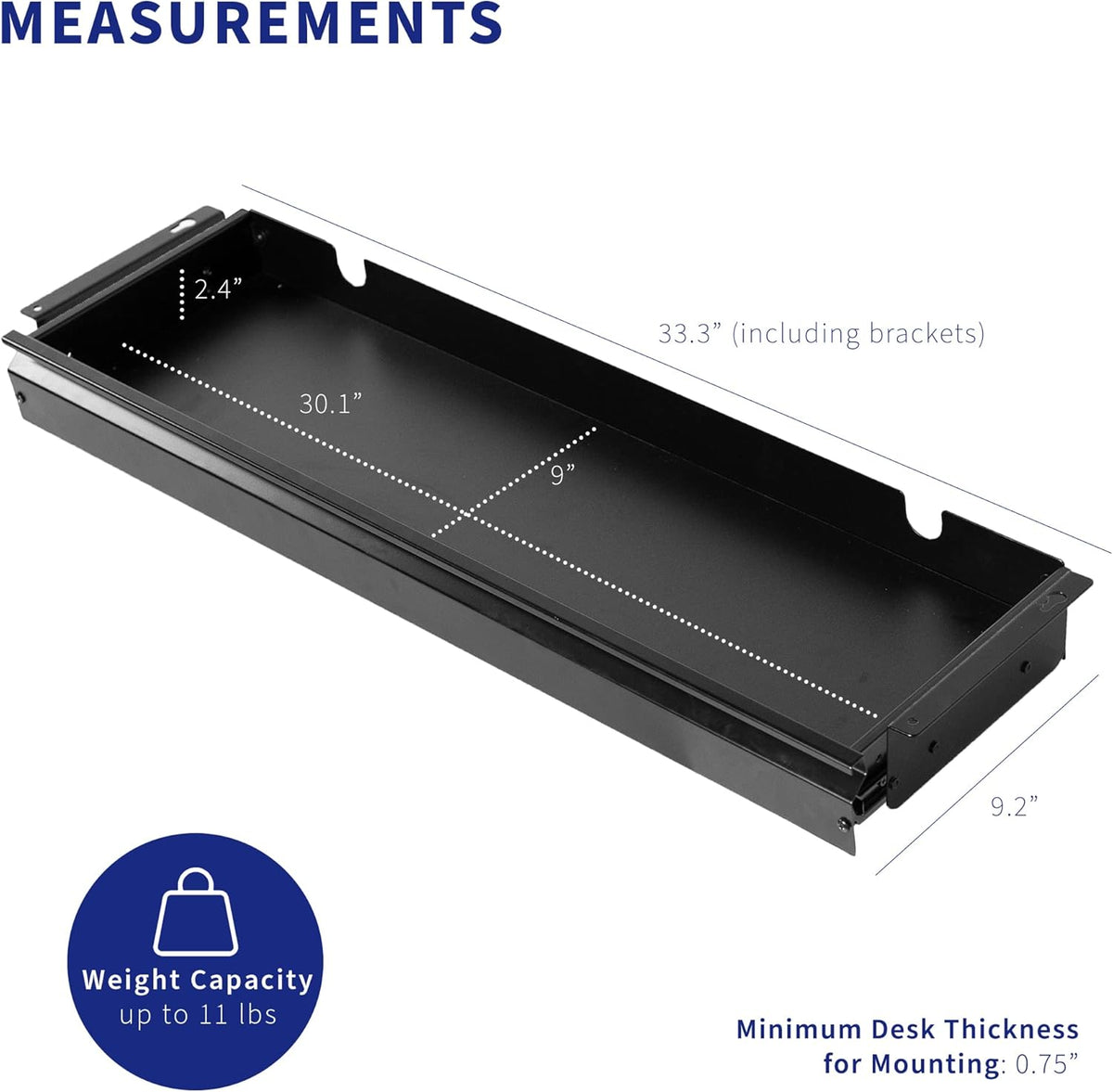Black Under Desk 33 x 9 in Slide Out Storage Drawer, DESK-DR33-B