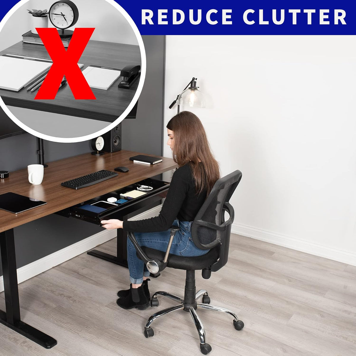Black Under Desk 33 x 9 in Slide Out Storage Drawer, DESK-DR33-B