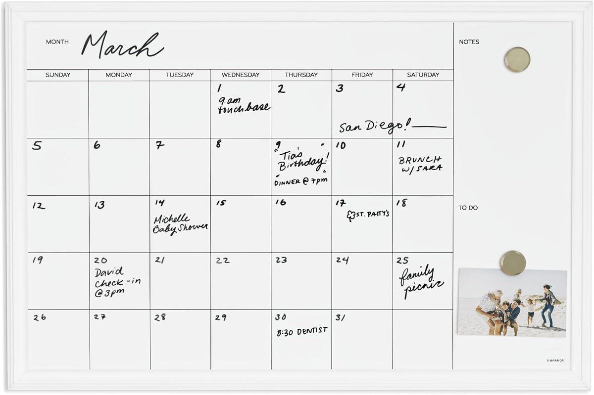 Magnetic Dry Erase Calendar White Board, 30" x 20", White Wood Style Frame, Includes Magnets
