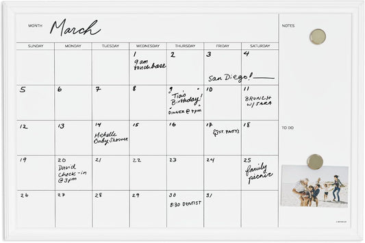 Magnetic Dry Erase Calendar White Board, 30" x 20", White Wood Style Frame, Includes Magnets