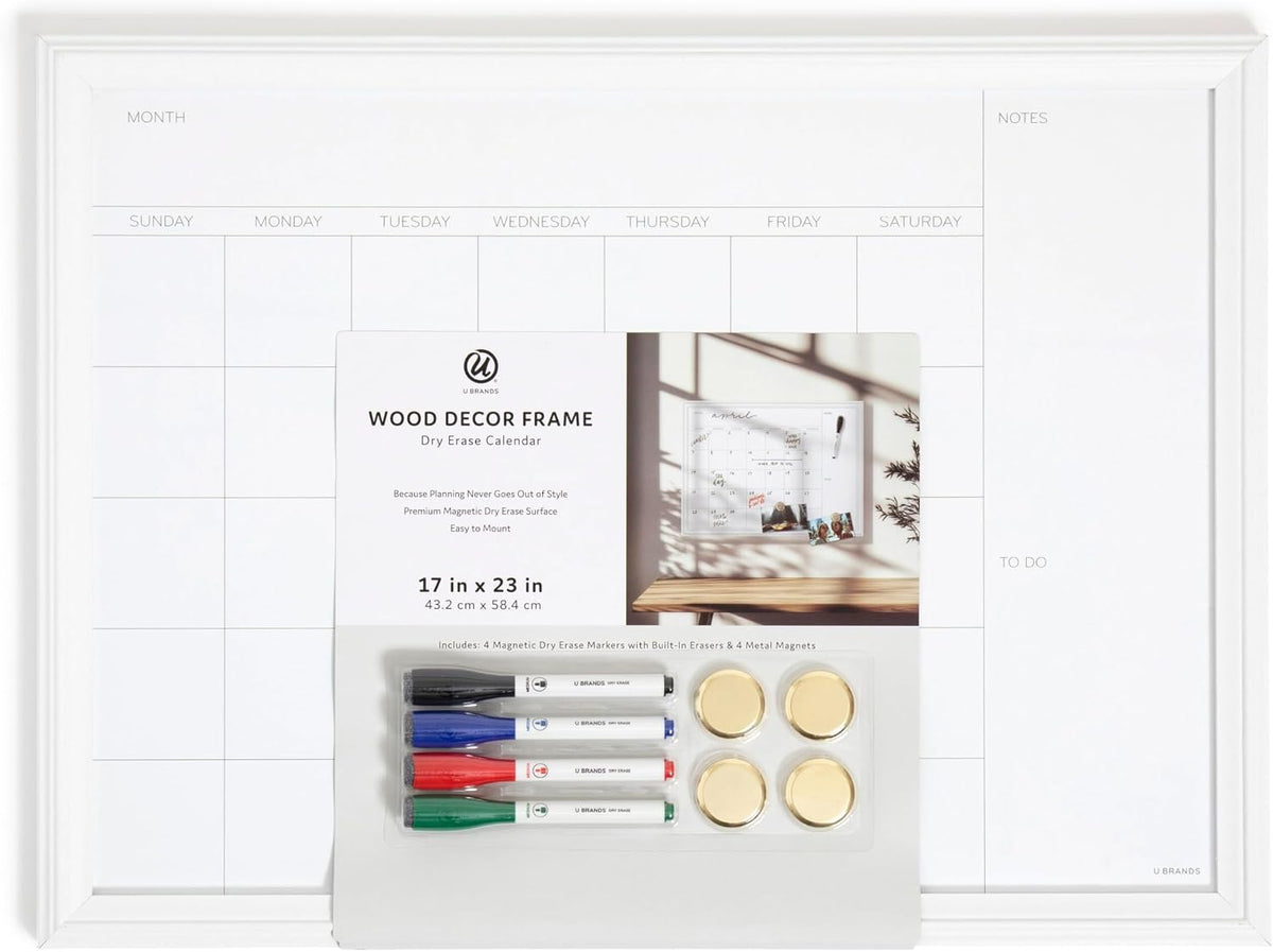 Magnetic Dry Erase Calendar White Board, 30" x 20", White Wood Style Frame, Includes Magnets