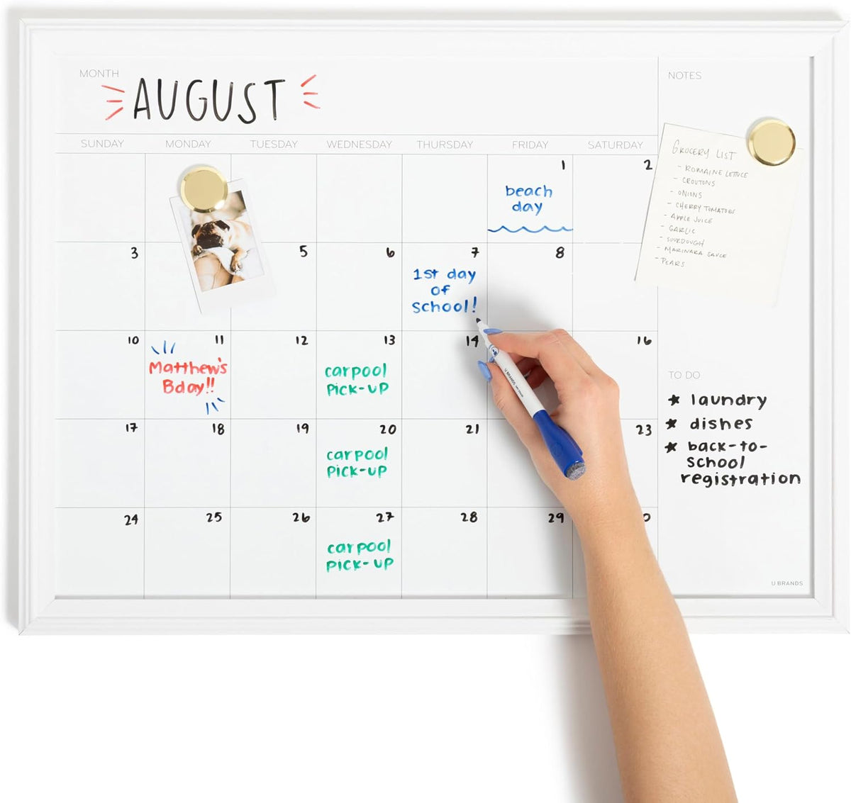 Magnetic Dry Erase Calendar White Board, 30" x 20", White Wood Style Frame, Includes Magnets