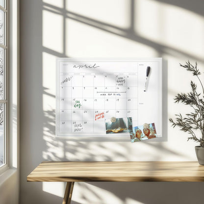 Magnetic Dry Erase Calendar White Board, 30" x 20", White Wood Style Frame, Includes Magnets