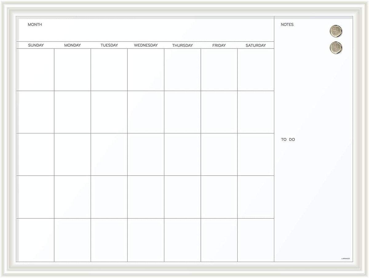 Magnetic Dry Erase Calendar White Board, 30" x 20", White Wood Style Frame, Includes Magnets