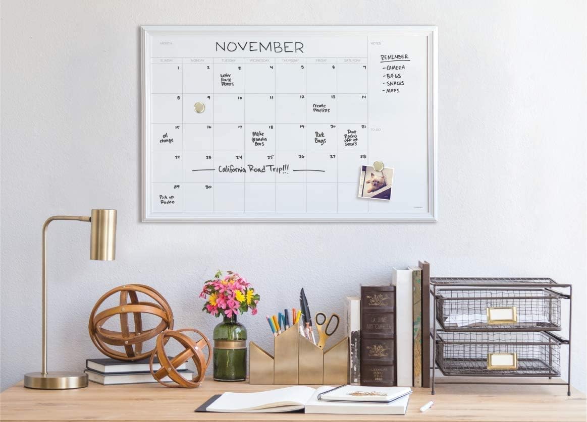 Magnetic Dry Erase Calendar White Board, 30" x 20", White Wood Style Frame, Includes Magnets
