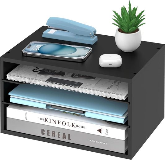 3-Tier Paper Organizer for Desk, Adjustable Mail Organizer, Black