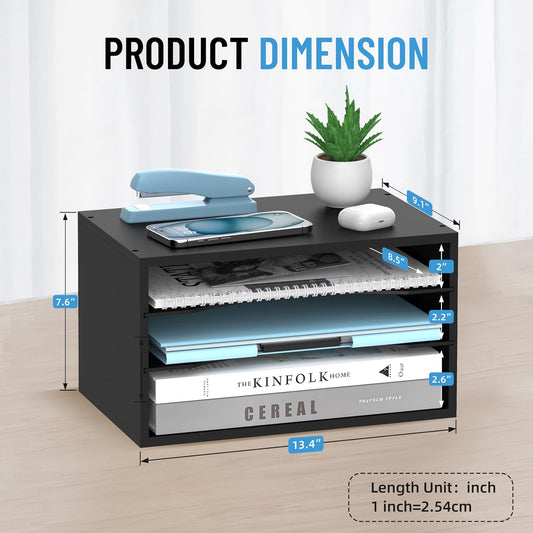 3-Tier Paper Organizer for Desk, Adjustable Mail Organizer, Black