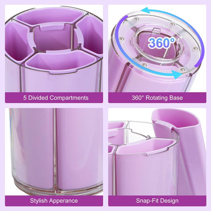 360° Rotating Pen Holder for Desk, Purple Pencil Holder with 5 Slots