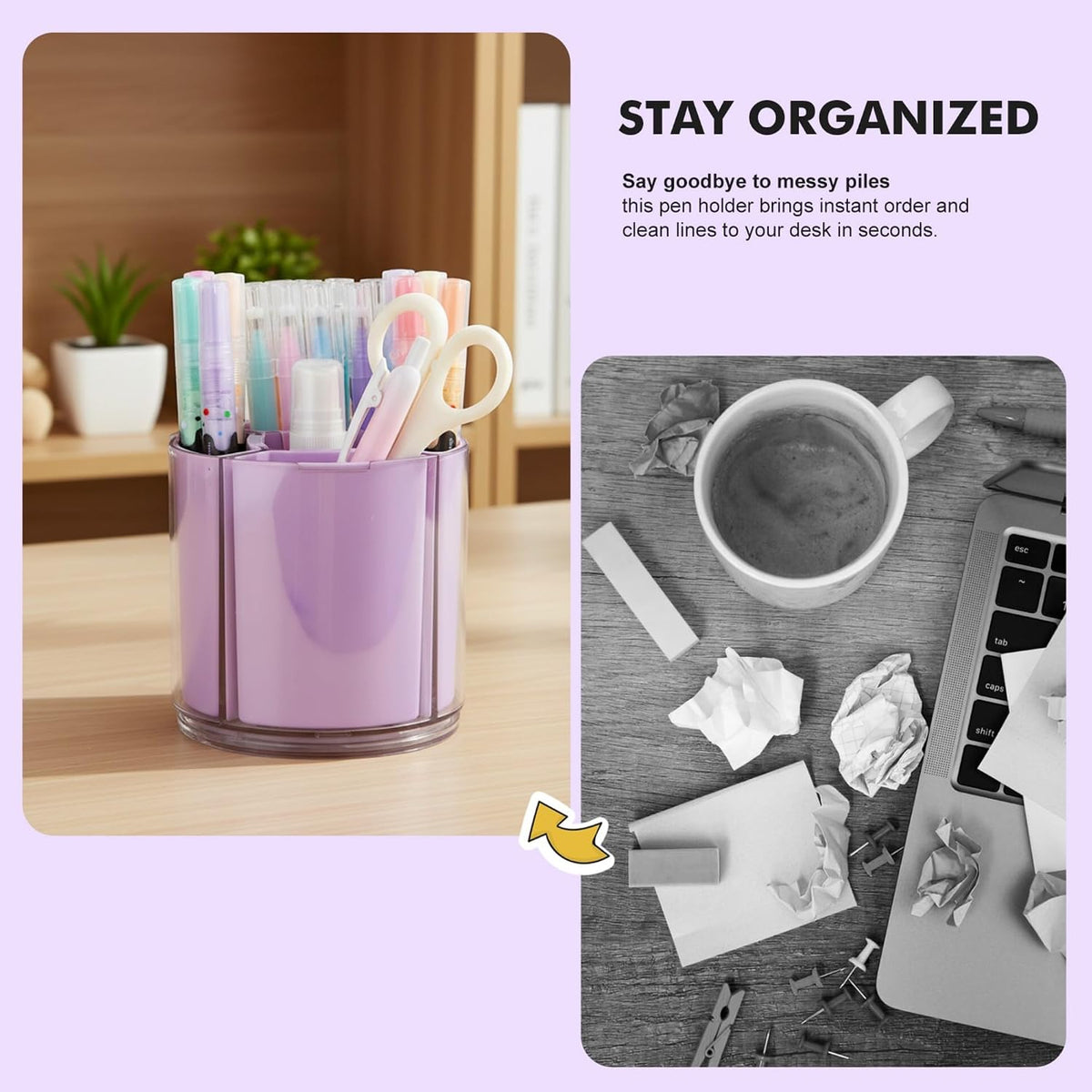 360° Rotating Pen Holder for Desk, Purple Pencil Holder with 5 Slots