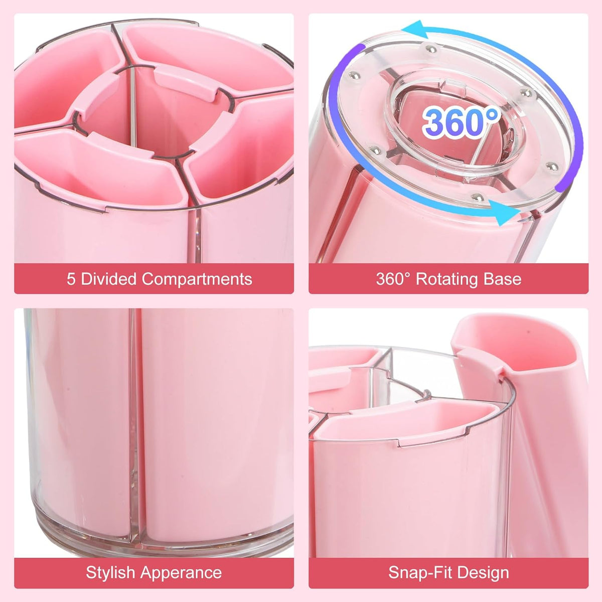 360° Rotating Pen Holder for Desk, Purple Pencil Holder with 5 Slots