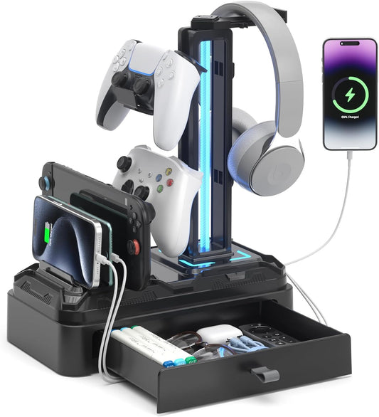Headphone Stand with USB A&C Charger Ports - RGB Controller Stand with Detachable Hooks - Rotatable Headset Hanger & Device Slot for Phones/Tablets - Drawer Storage Base for Gaming Desk Organizer