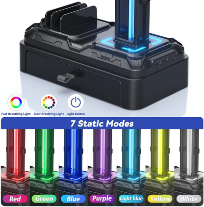 Headphone Stand with USB A&C Charger Ports - RGB Controller Stand with Detachable Hooks - Rotatable Headset Hanger & Device Slot for Phones/Tablets - Drawer Storage Base for Gaming Desk Organizer