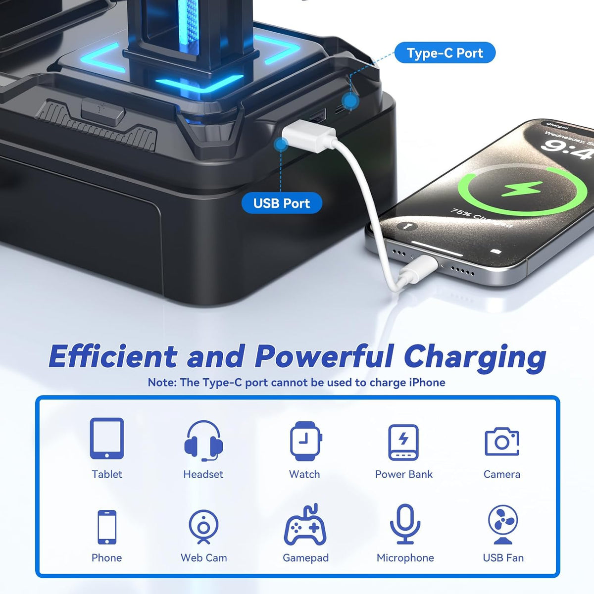 Headphone Stand with USB A&C Charger Ports - RGB Controller Stand with Detachable Hooks - Rotatable Headset Hanger & Device Slot for Phones/Tablets - Drawer Storage Base for Gaming Desk Organizer