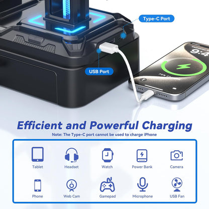 Headphone Stand with USB A&C Charger Ports - RGB Controller Stand with Detachable Hooks - Rotatable Headset Hanger & Device Slot for Phones/Tablets - Drawer Storage Base for Gaming Desk Organizer