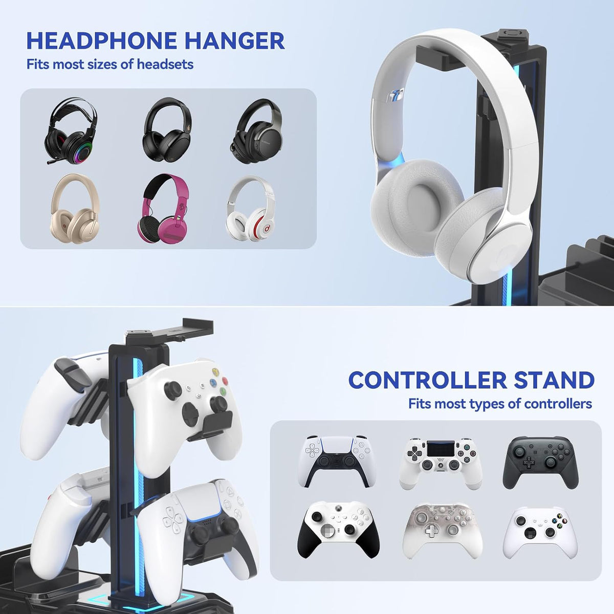 Headphone Stand with USB A&C Charger Ports - RGB Controller Stand with Detachable Hooks - Rotatable Headset Hanger & Device Slot for Phones/Tablets - Drawer Storage Base for Gaming Desk Organizer